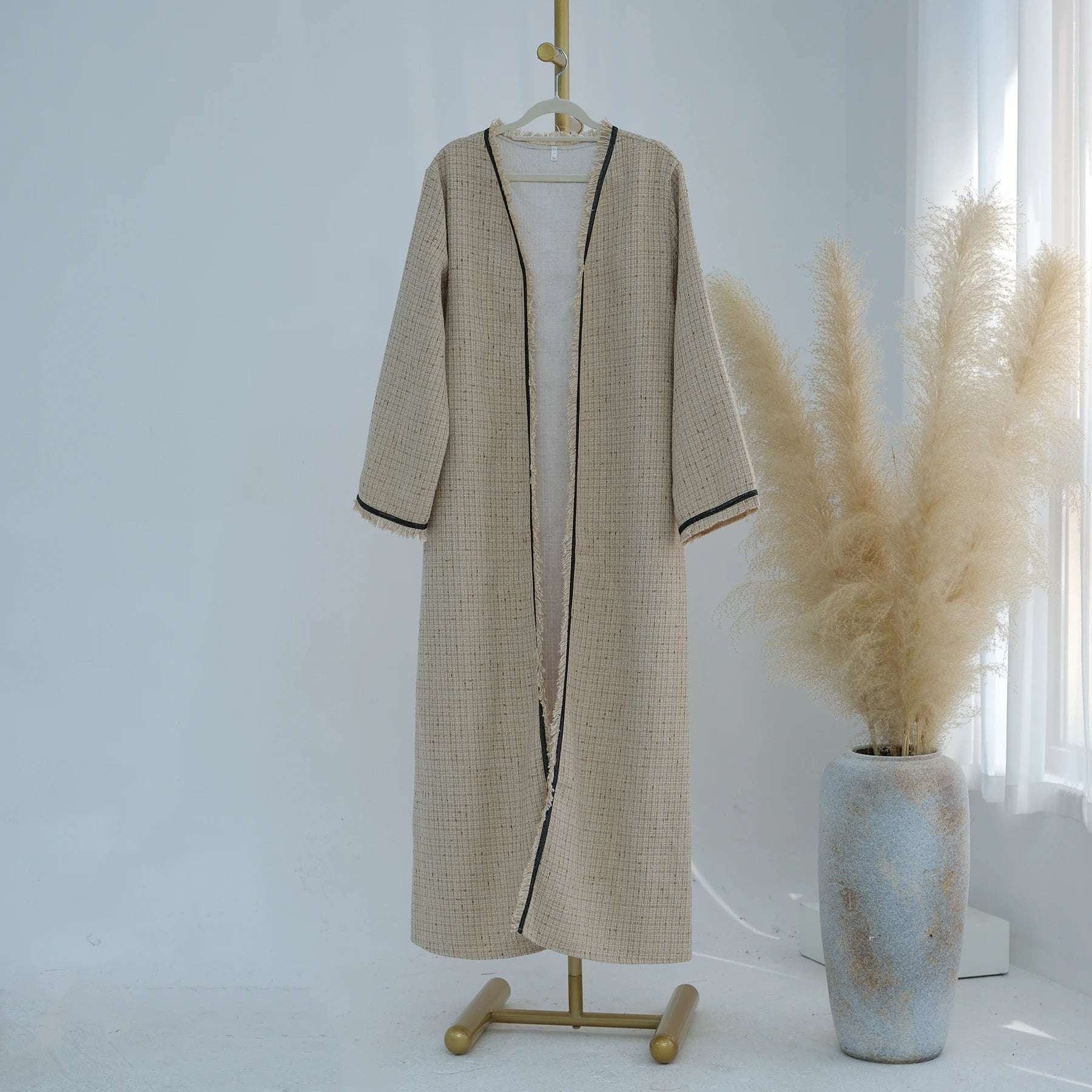 Tweed Open Abaya Coat - Beige