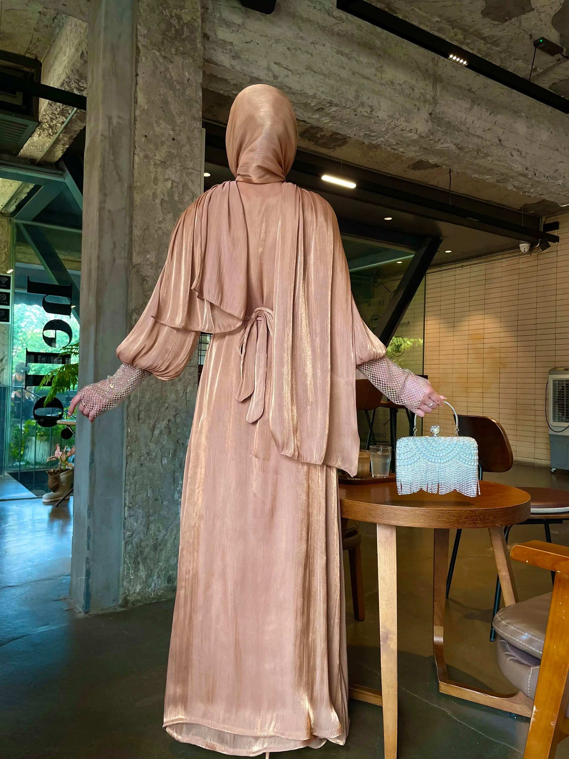 Luxury 4 PC Shiny Organza Abaya Set - Brown