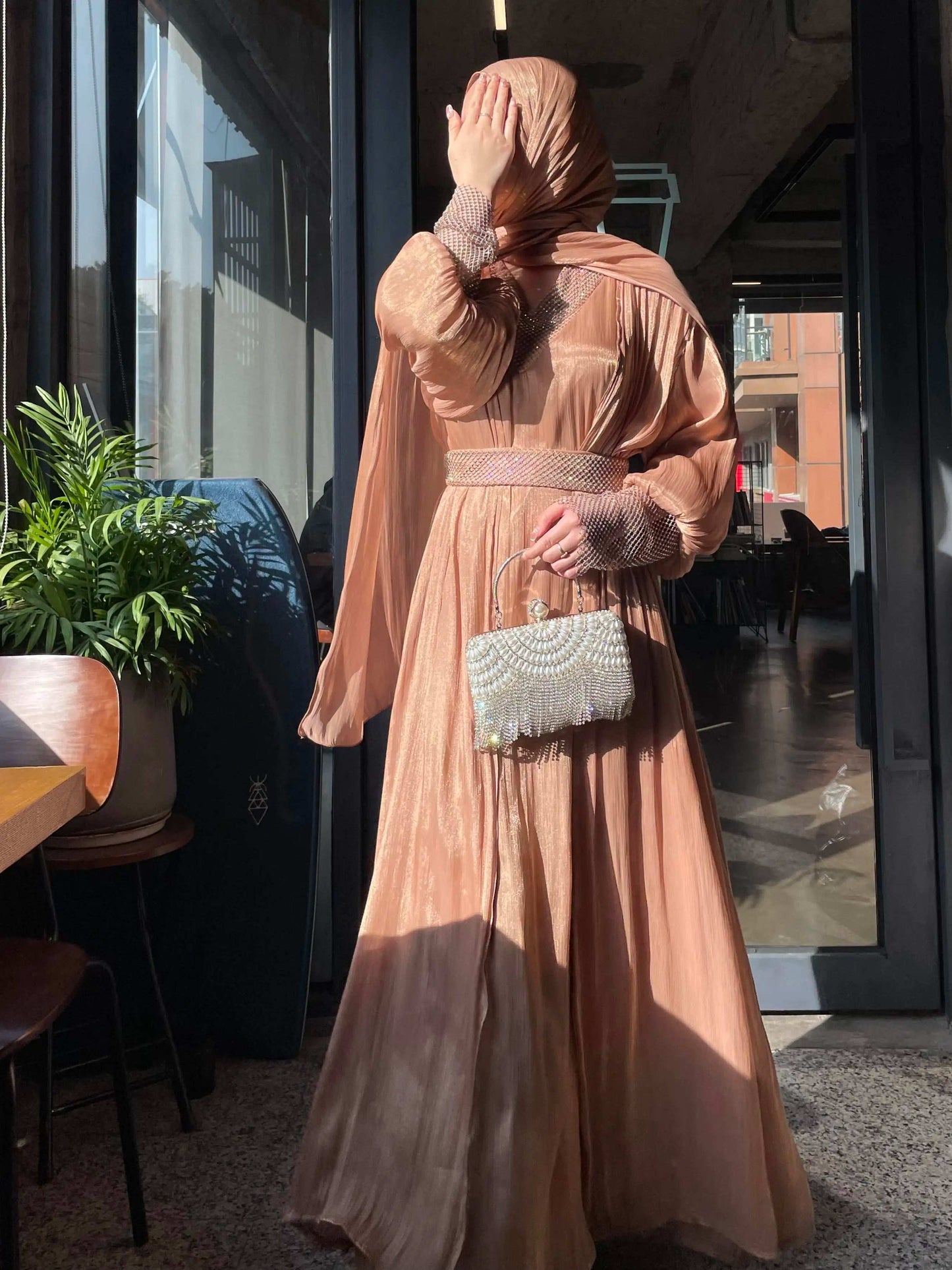 Luxury 4 PC Shiny Organza Abaya Set - Brown