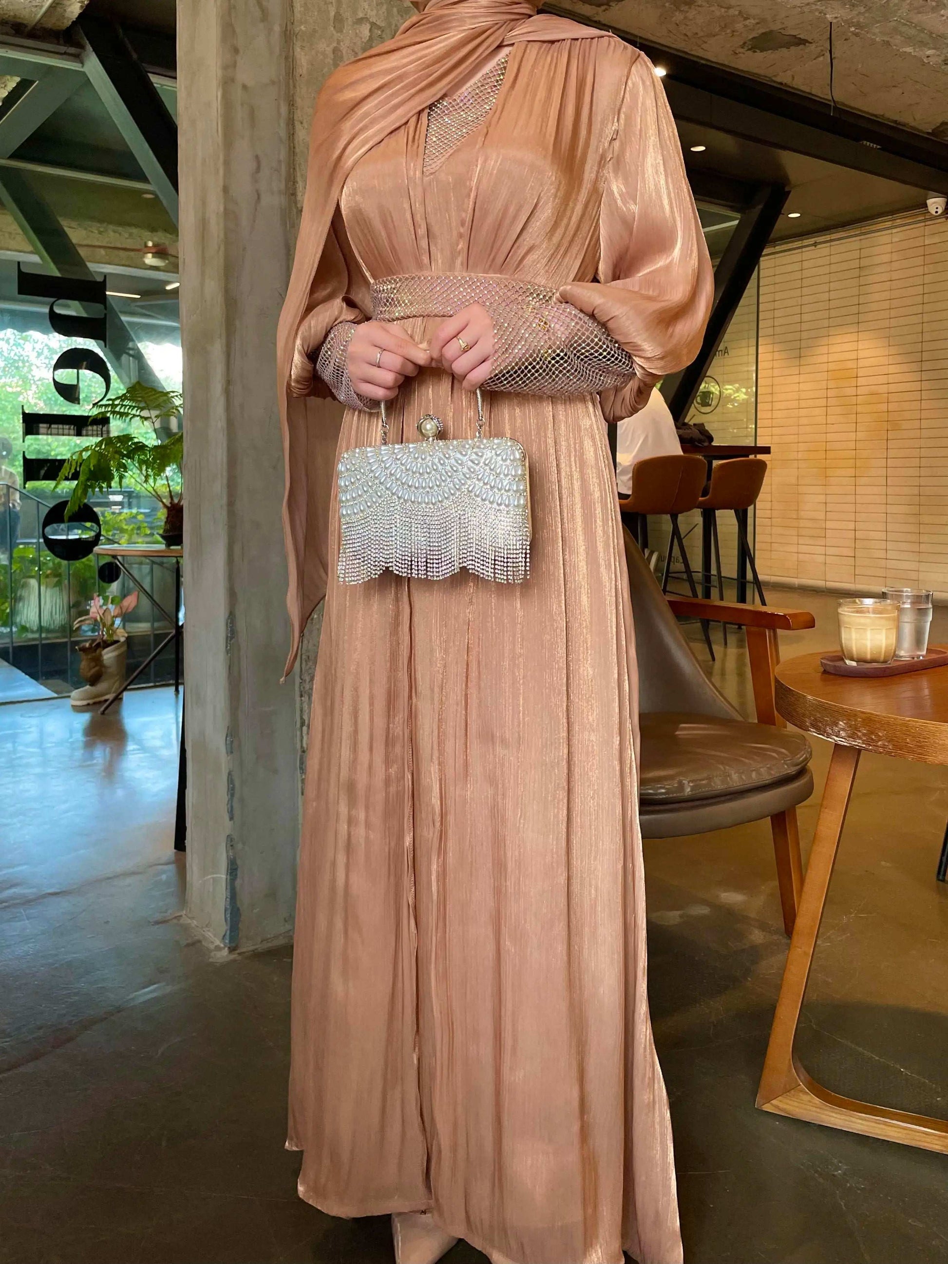 Luxury 4 PC Shiny Organza Abaya Set - Brown