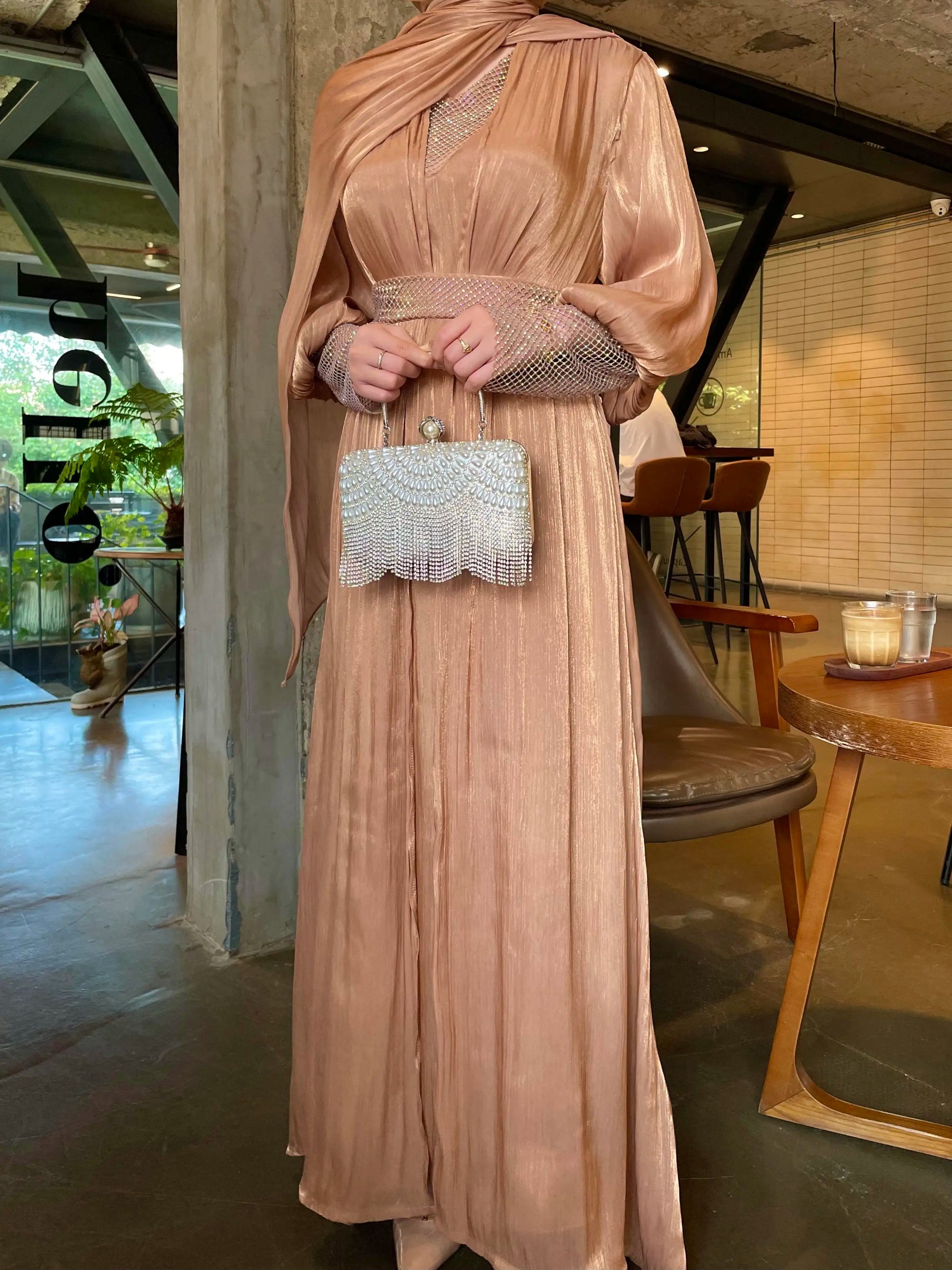 Luxury 4 PC Shiny Organza Abaya Set - Black - Nour Modesty