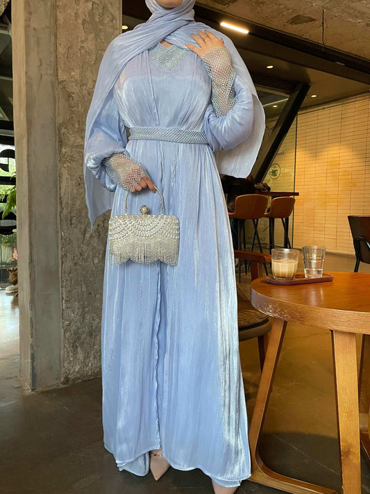 Luxury 4 PC Shiny Organza Abaya Set - Blue