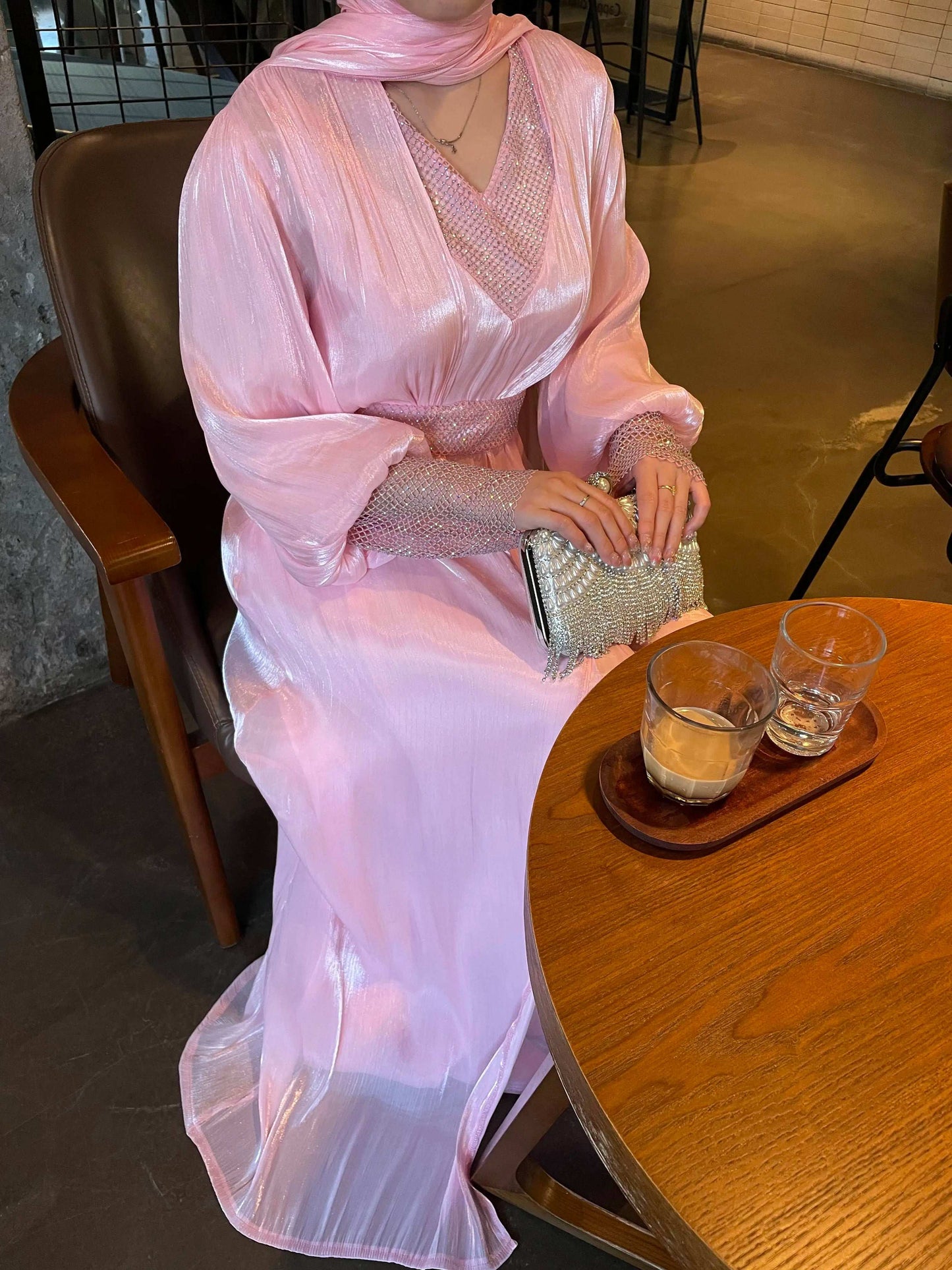 Luxury 4 PC Shiny Organza Abaya Set - Black