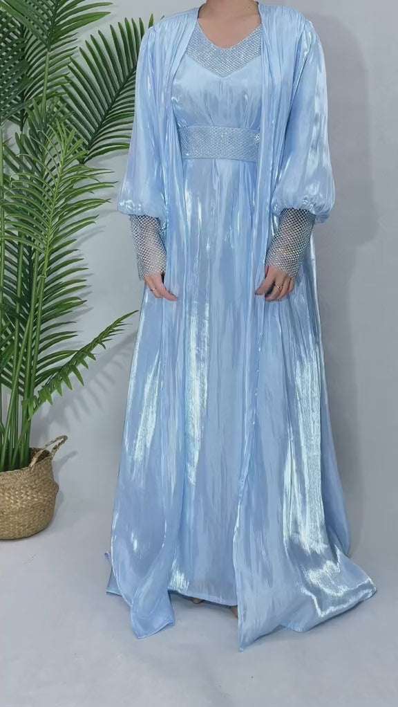 Luxury 4 PC Shiny Organza Abaya Set - Blue