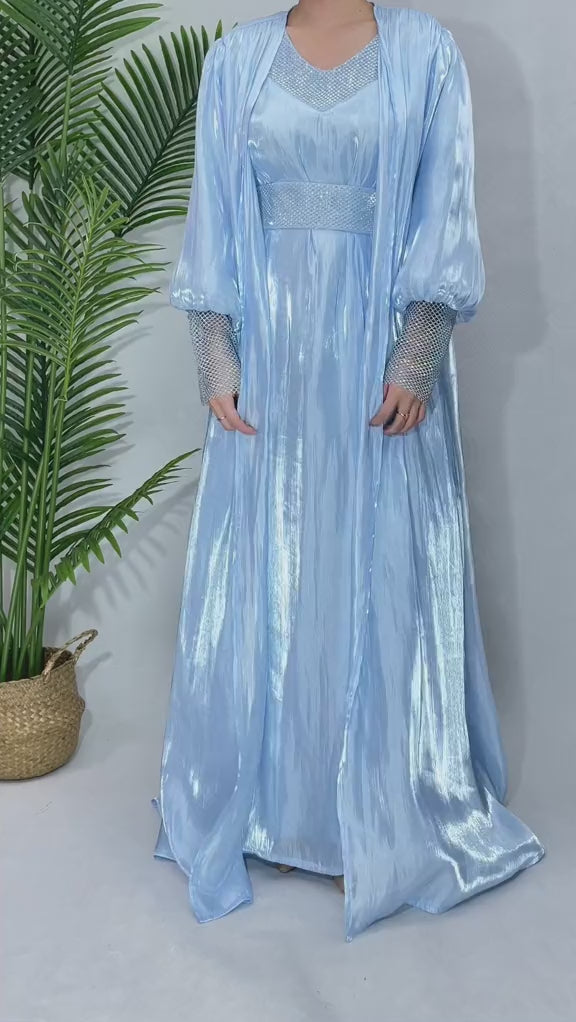 Luxury 4 PC Shiny Organza Abaya Set - Brown - Nour Modesty