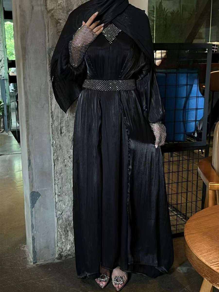 Luxury 4 PC Shiny Organza Abaya Set - Brown