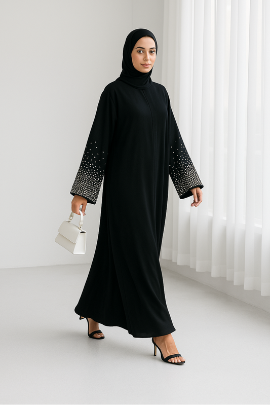 Jameela - Rhinestone Open Abaya Black - Nour Modesty