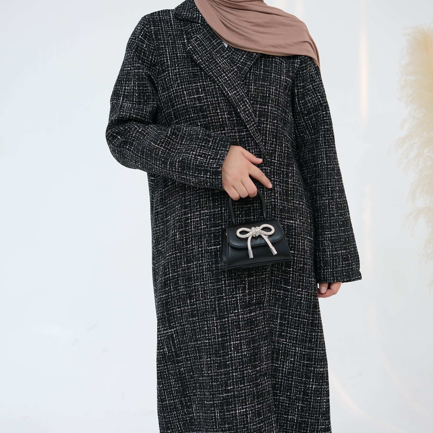 Elegant Tweed Longline Abaya Coat - Brown