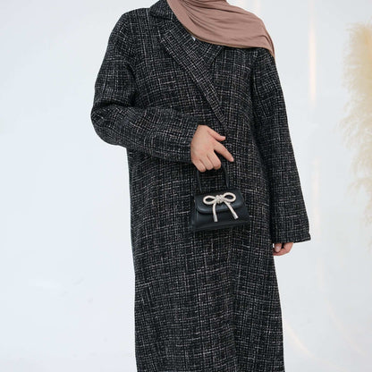Elegant Tweed Longline Abaya Coat - Brown