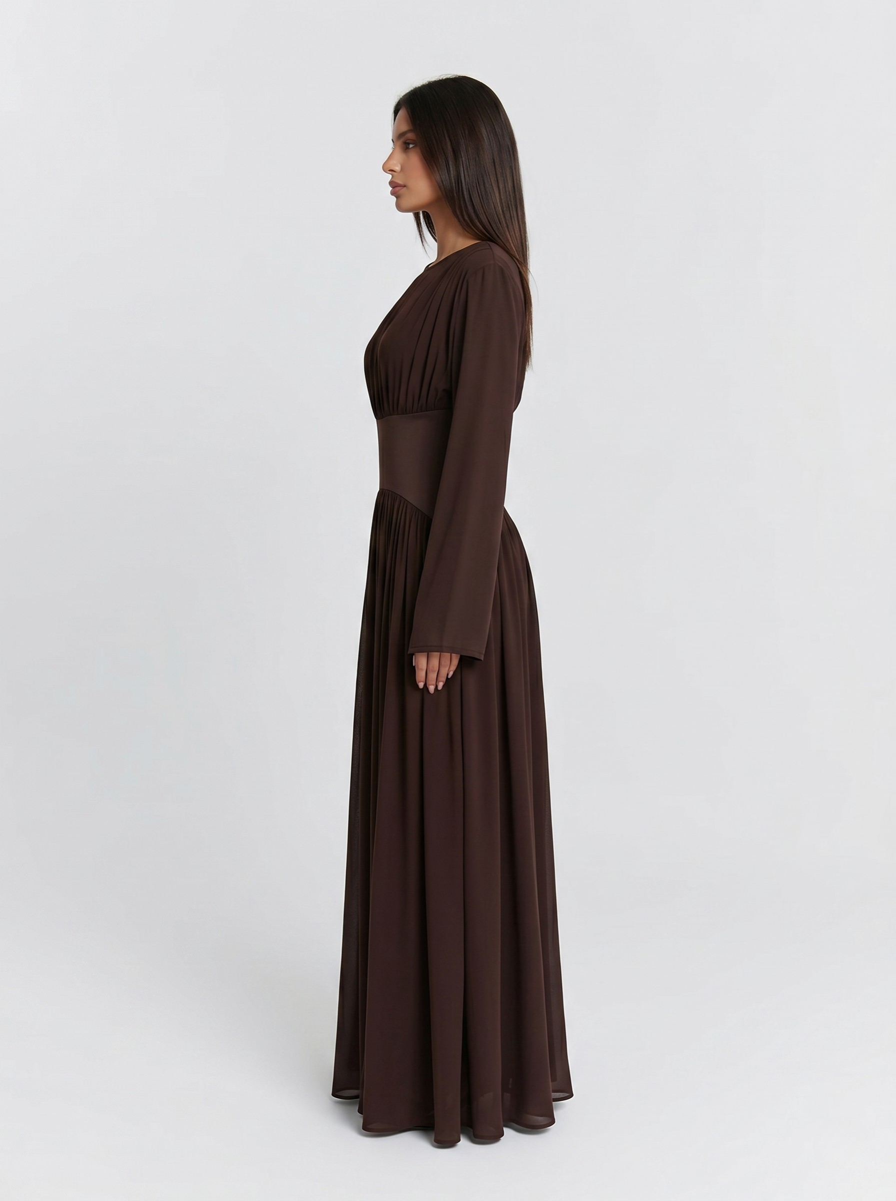 brown modest dress Terra Waist-Tied Maxi Made from satin Sherin Brown Pearl Detail Modest
