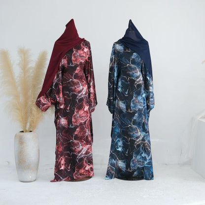 Printed Butterfly Abaya - Marble Blue - Nour Modesty
