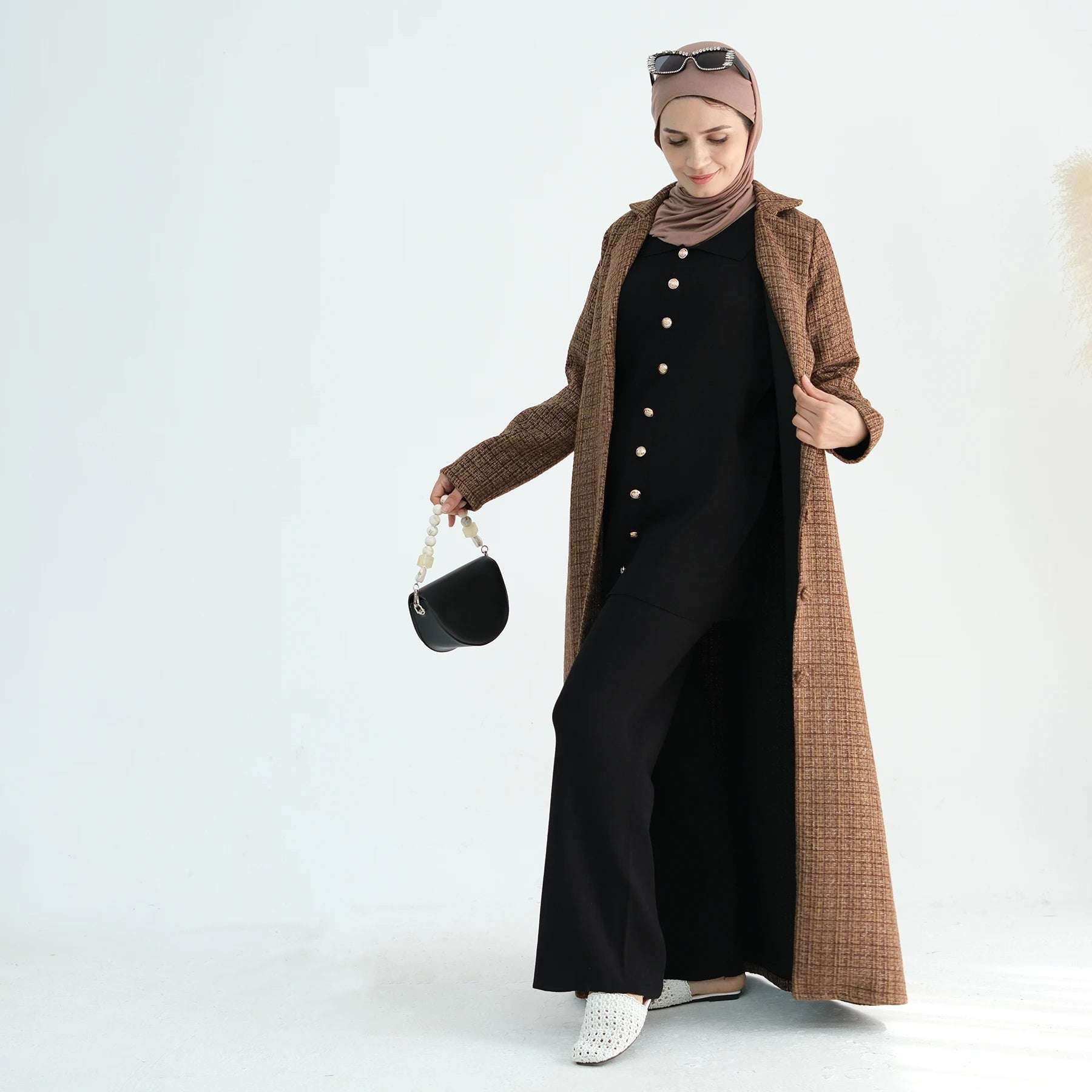 Elegant Tweed Longline Abaya Coat - Brown