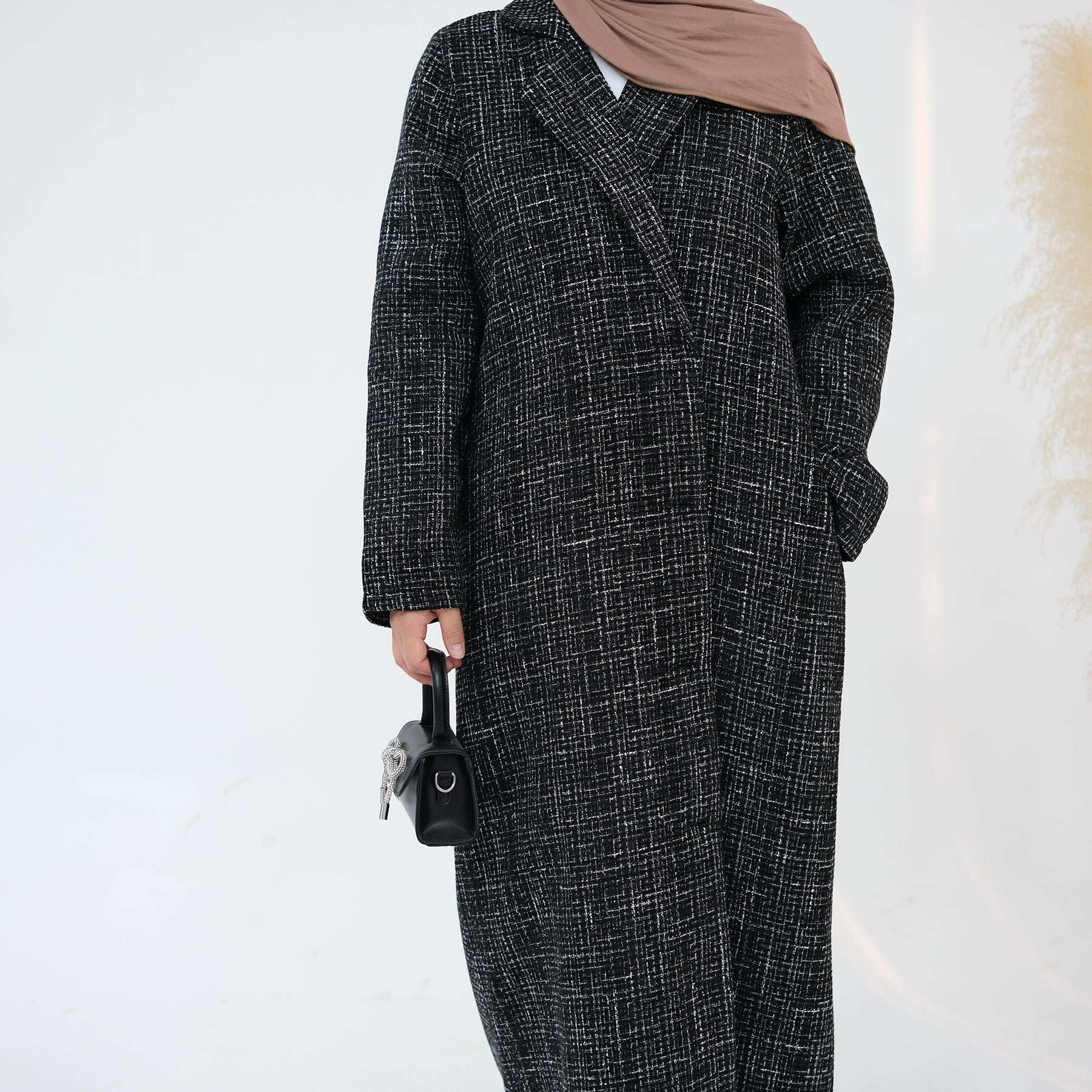 Elegant Tweed Longline Abaya Coat - Brown