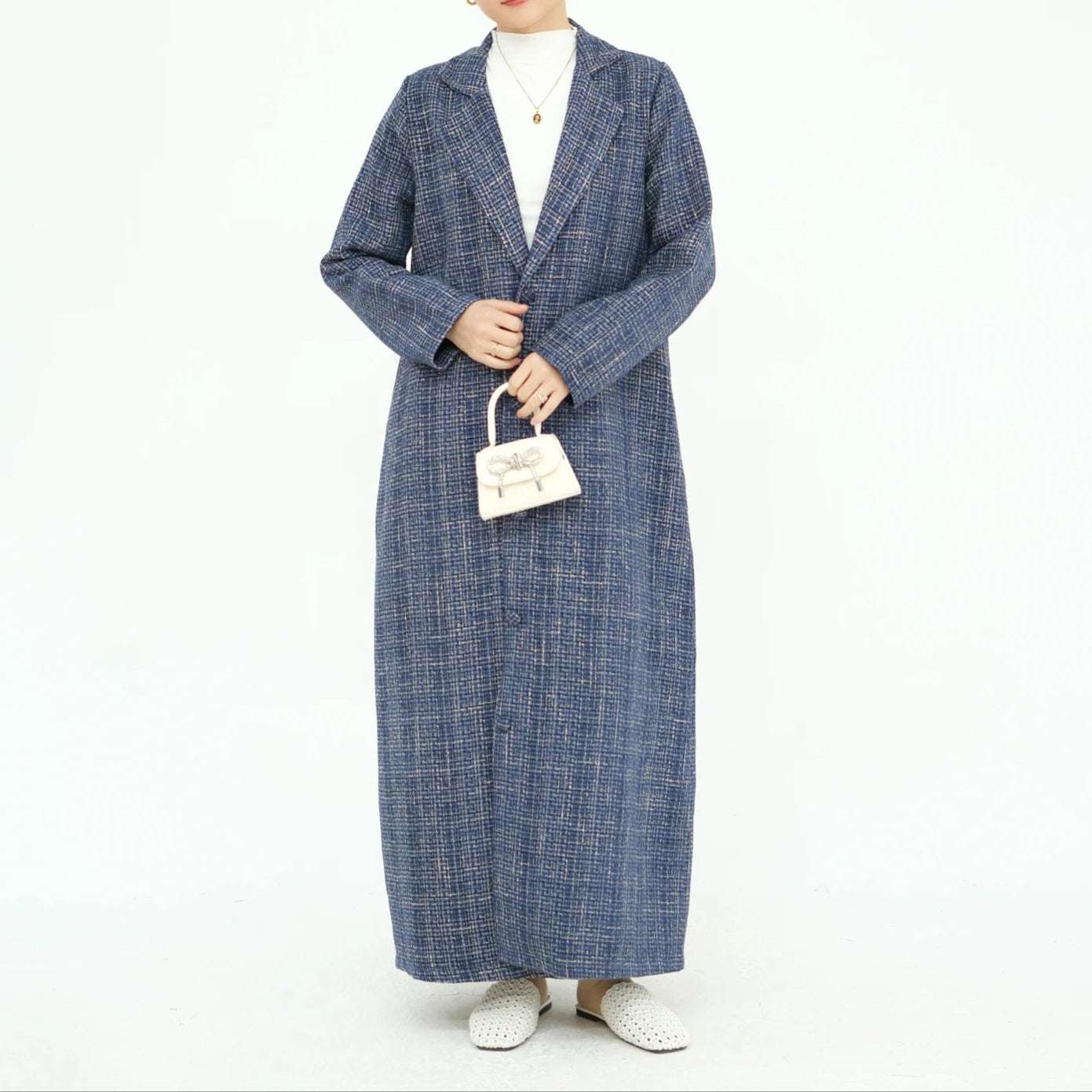 Elegant Tweed Longline Abaya Coat - Brown