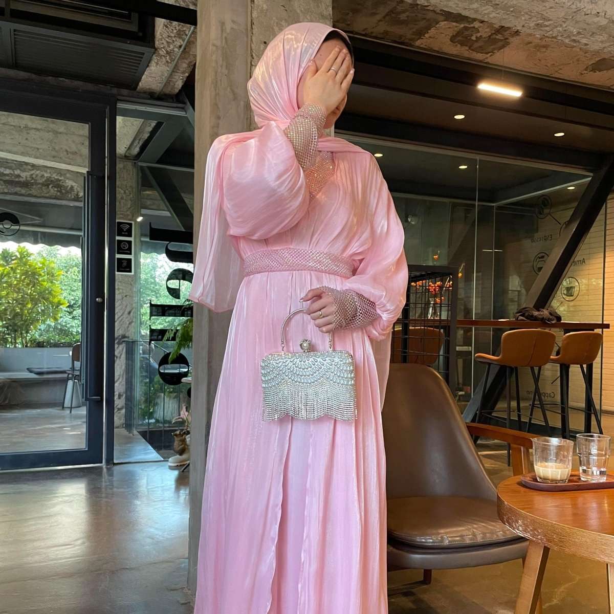 Luxury 4 PC Shiny Organza Abaya Set - Brown