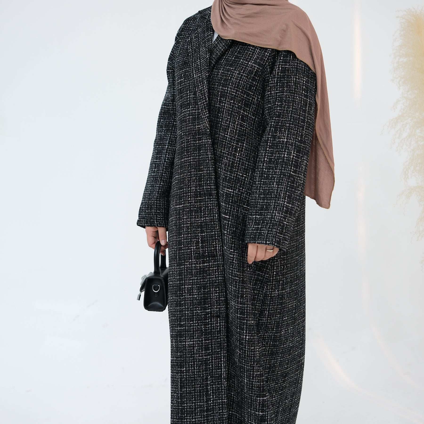 Elegant Tweed Longline Abaya Coat - Brown