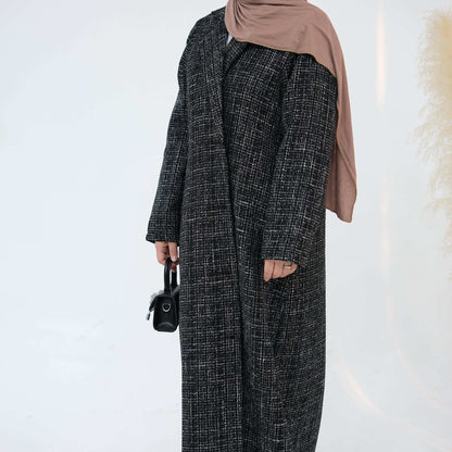 Elegant Tweed Longline Abaya Coat - Brown