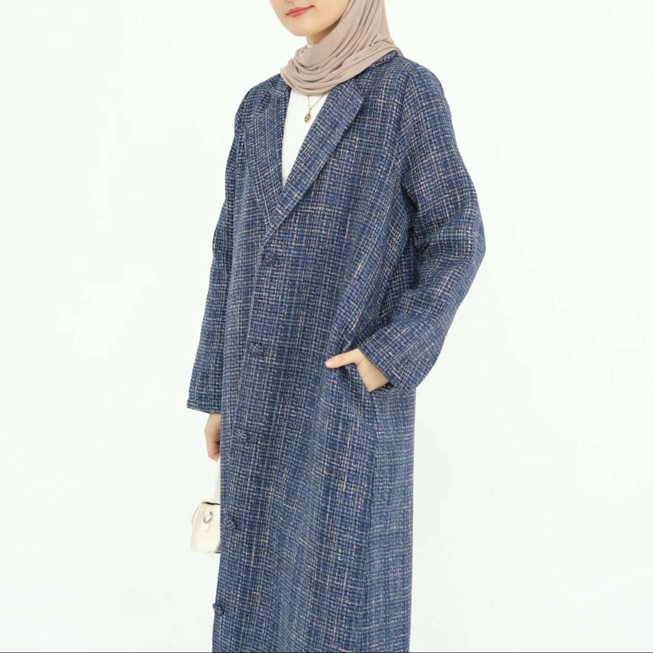 Elegant Tweed Longline Abaya Coat - Brown