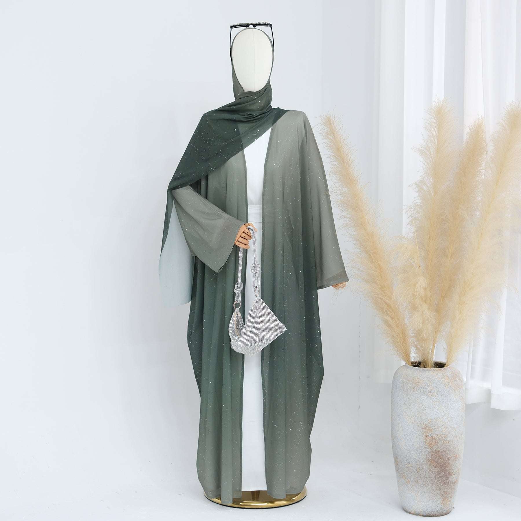 Ombre Sparkly Abaya + Hijab Set Green