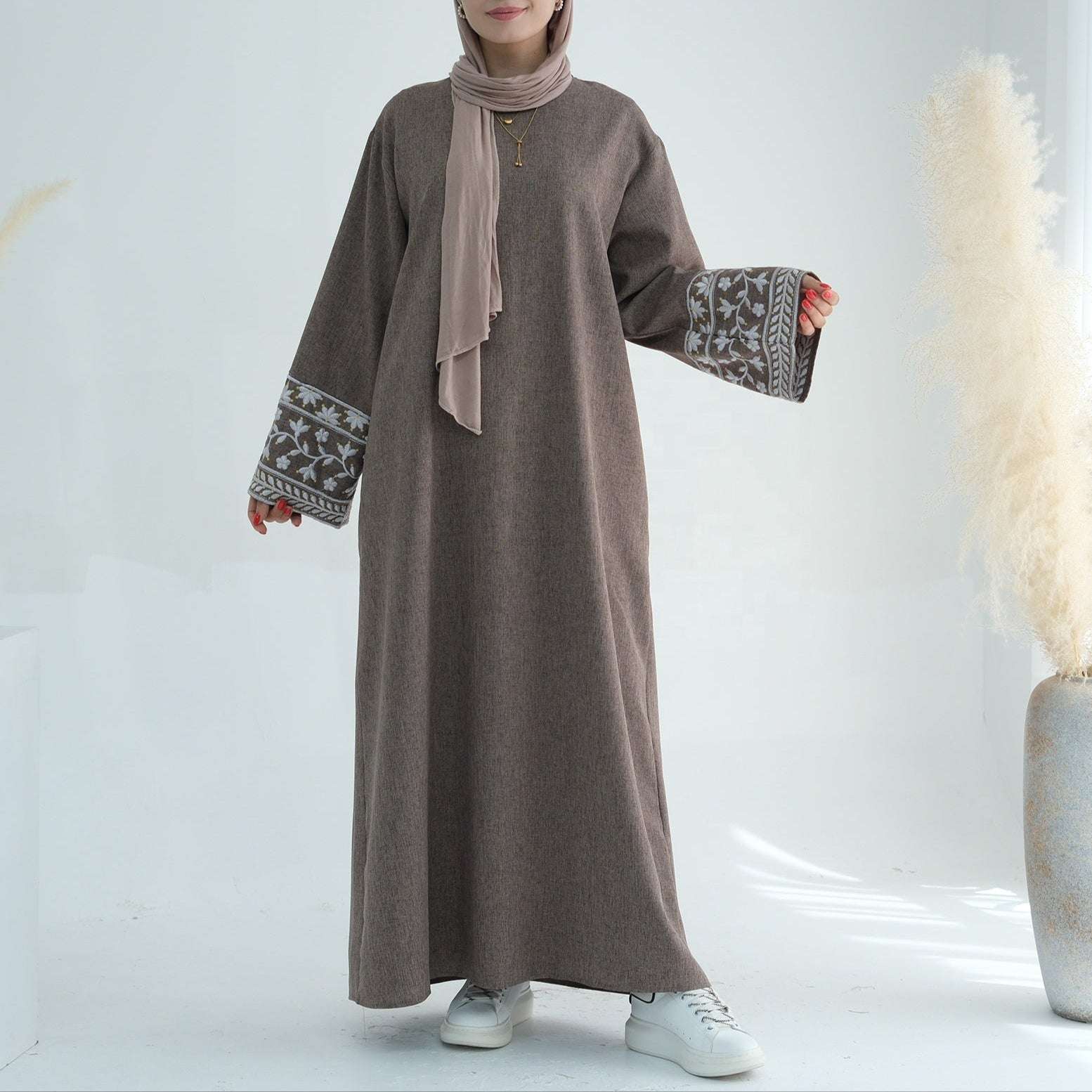Embroidered Abaya Dress - Brown