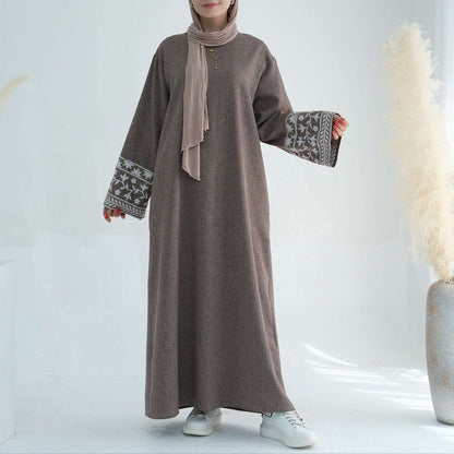 Embroidered Abaya Dress - Brown