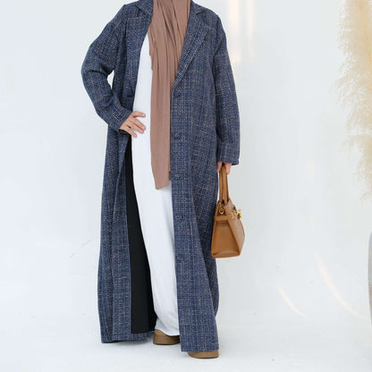 Elegant Tweed Longline Abaya Coat - Brown