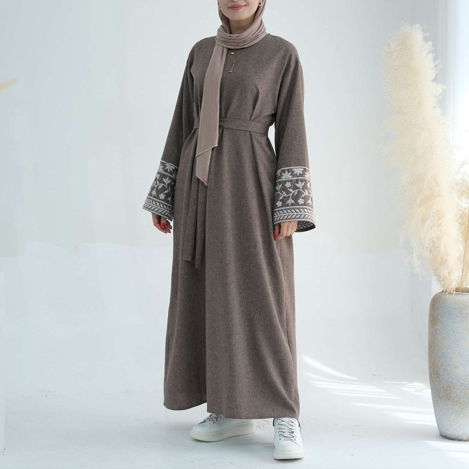 Embroidered Abaya Dress - Brown