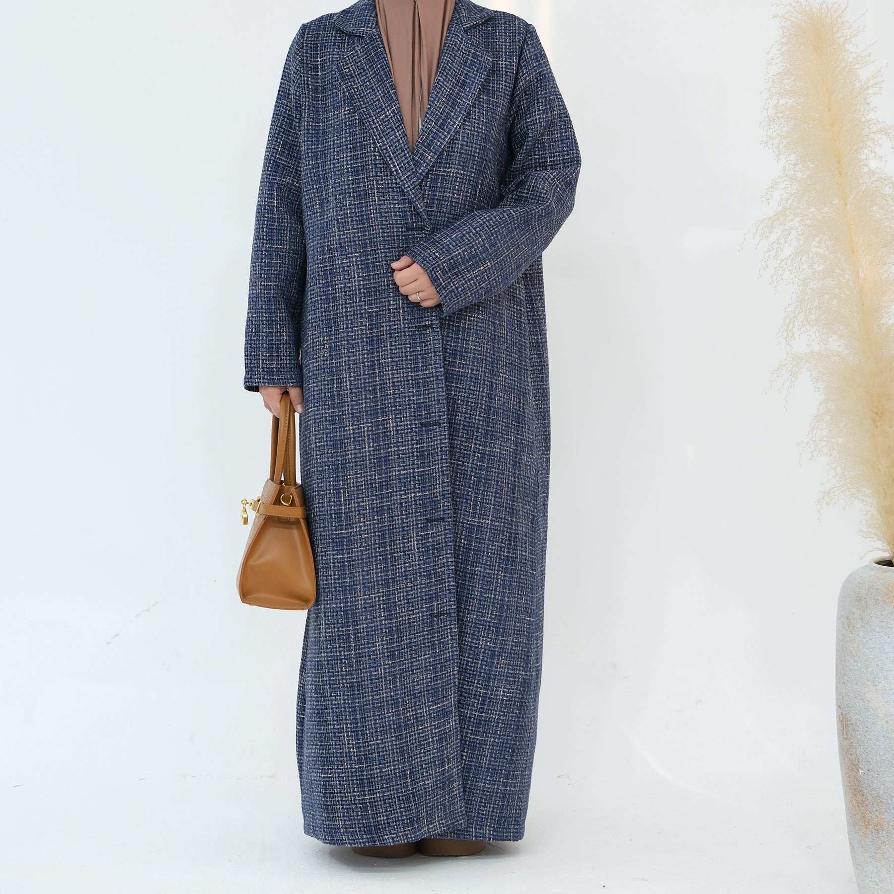 Elegant Tweed Longline Abaya Coat - Brown