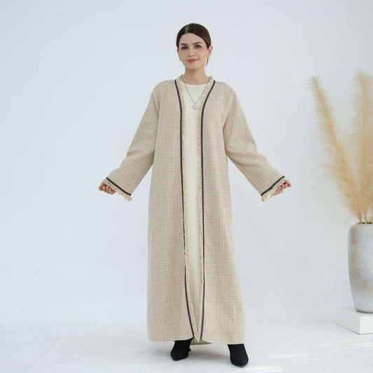 Tweed Open Abaya Coat - Beige