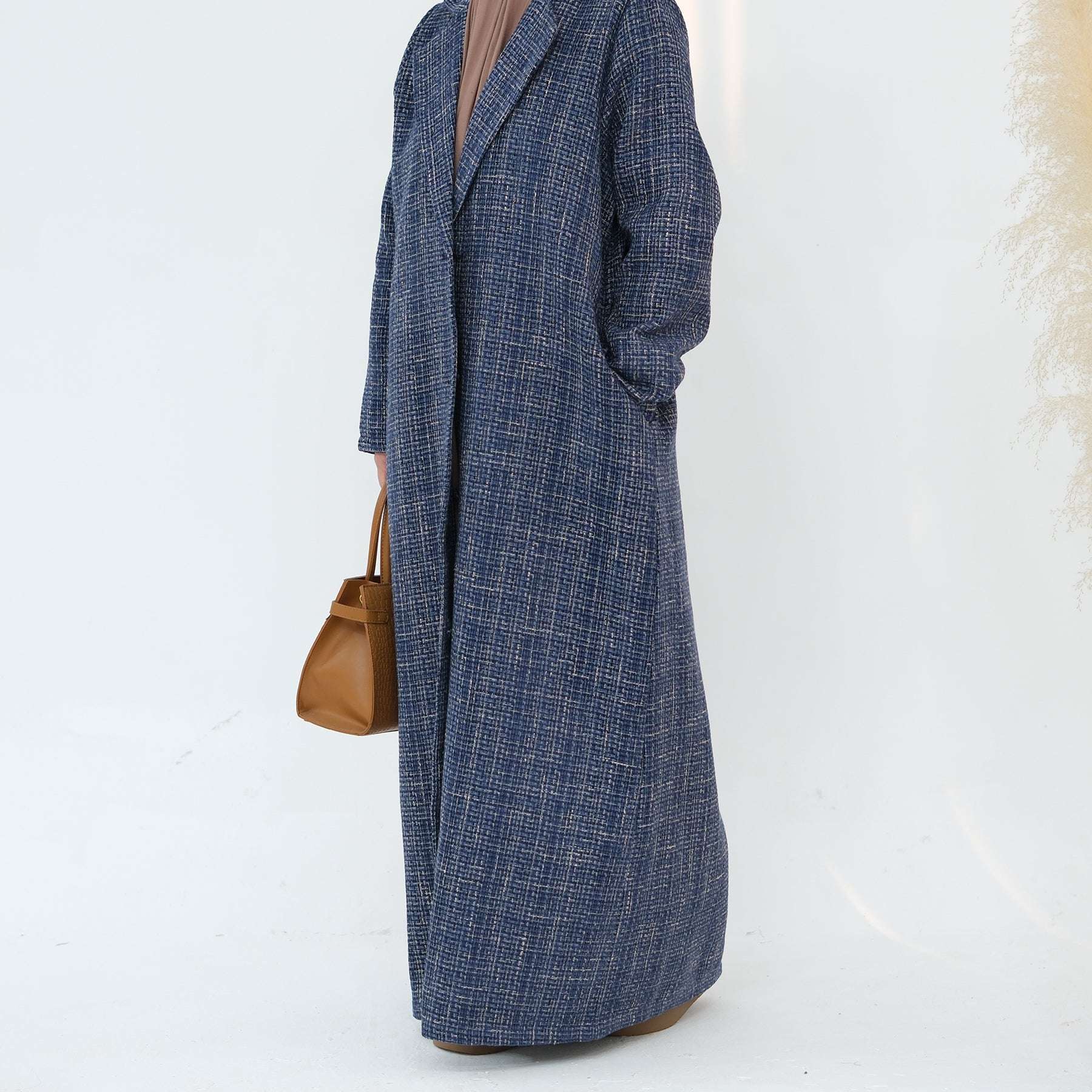 Elegant Tweed Longline Abaya Coat - Brown