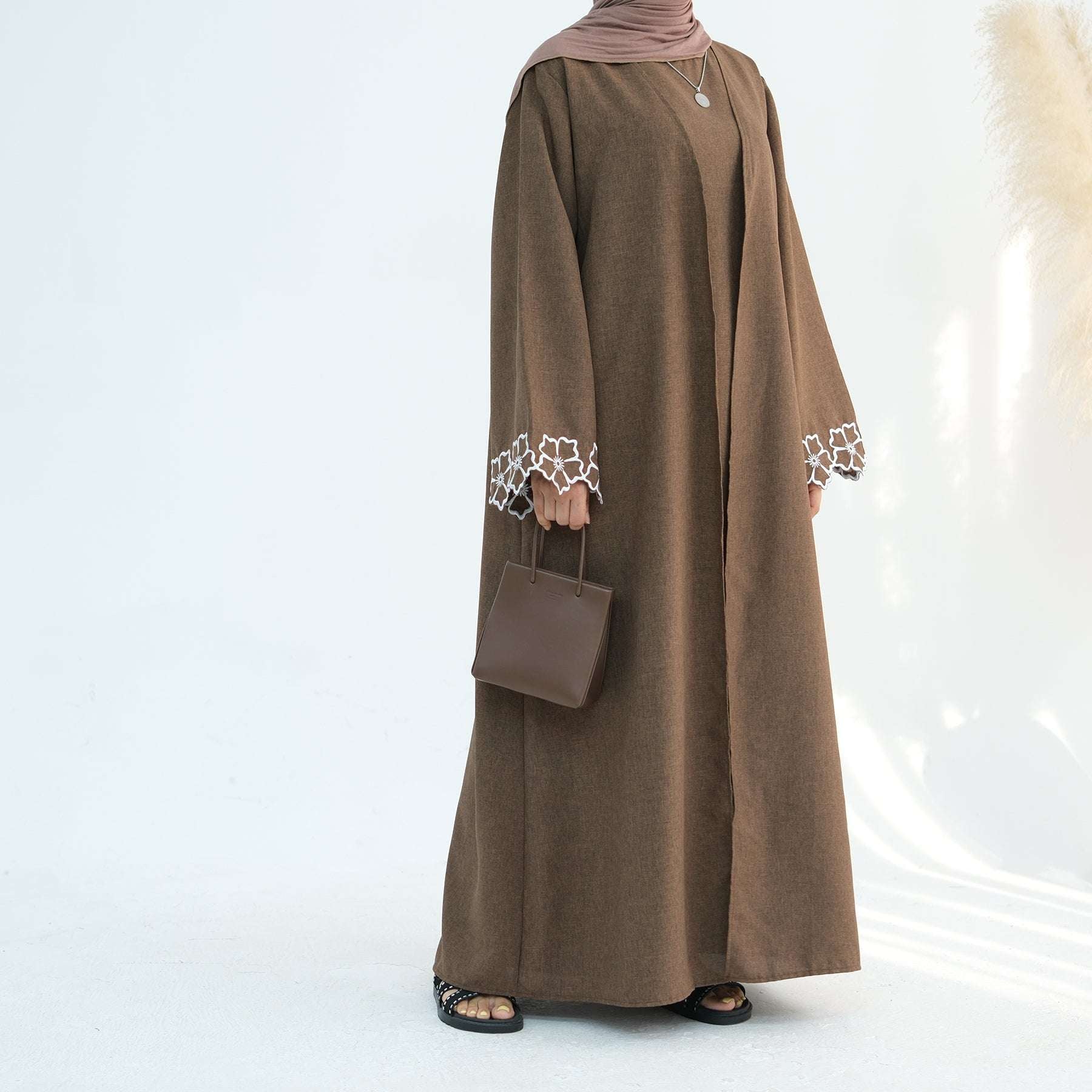 Noor Linen Abaya Set - Brown