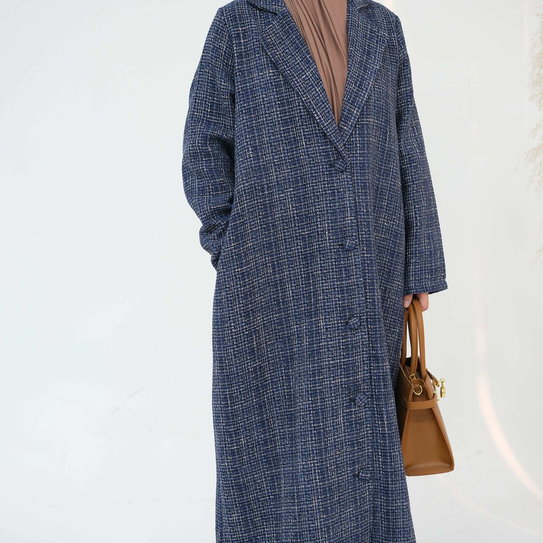 Elegant Tweed Longline Abaya Coat - Brown