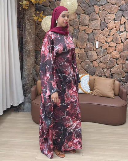 Printed Butterfly Abaya - Marble Blue - Nour Modesty