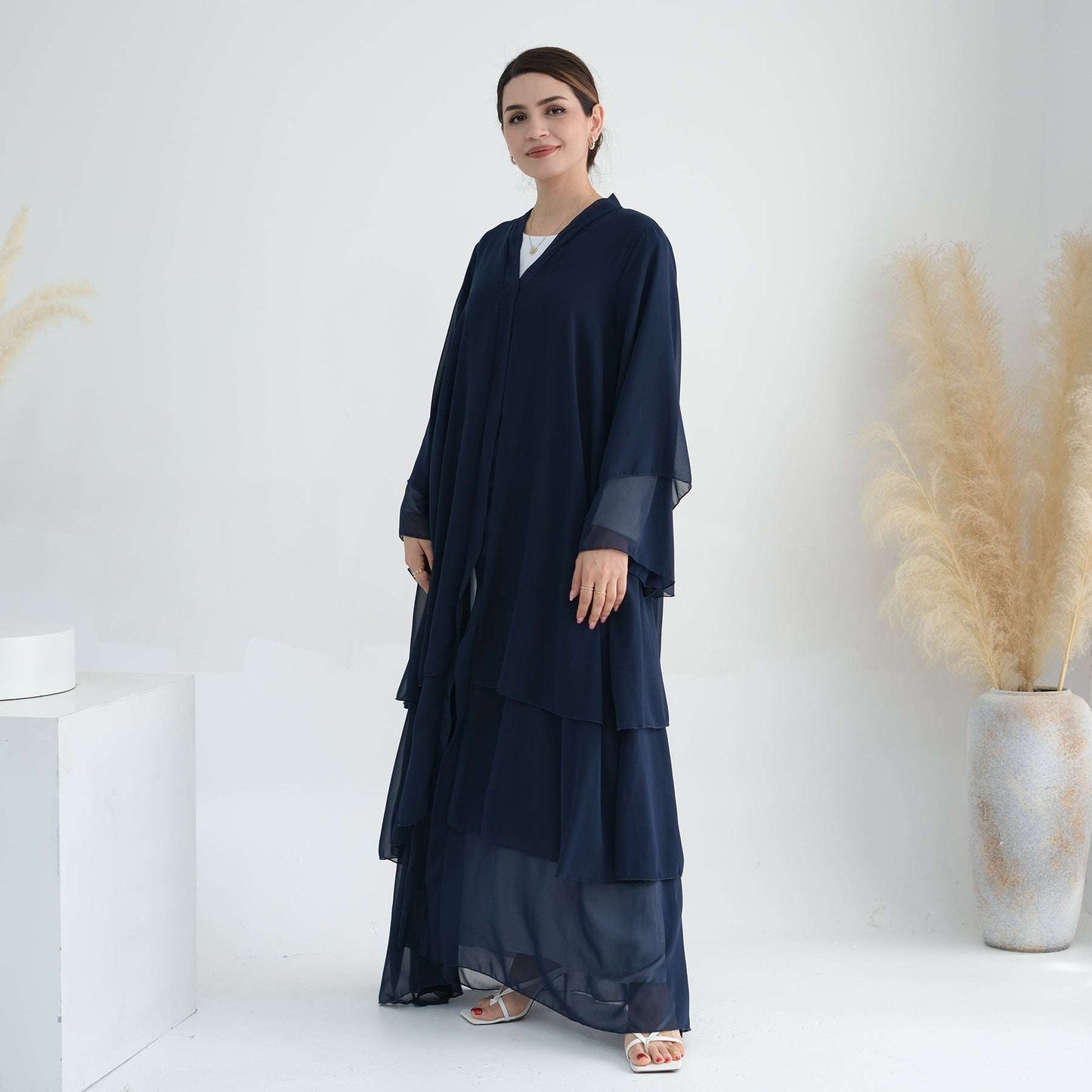 Luxury Layered Open Abaya - Navy Blue