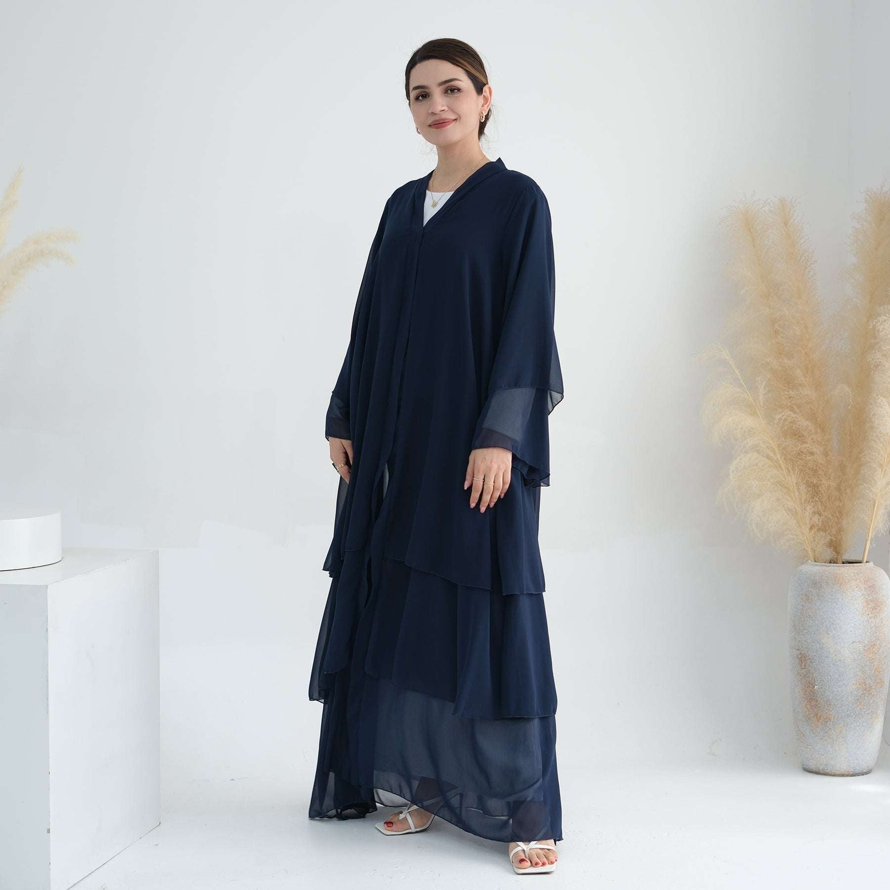 Luxury Layered Open Abaya - Navy Blue