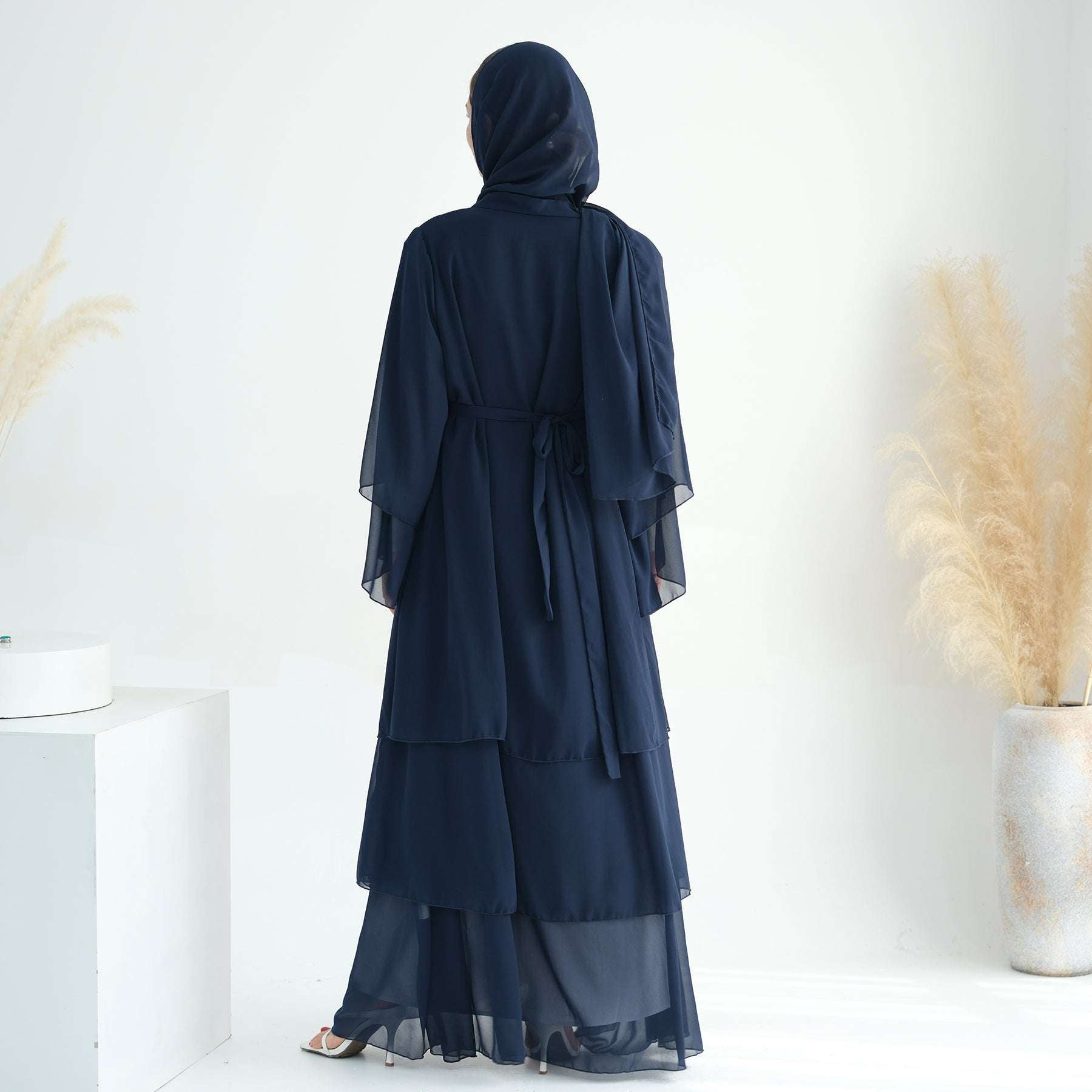 Luxury Layered Open Abaya - Navy Blue