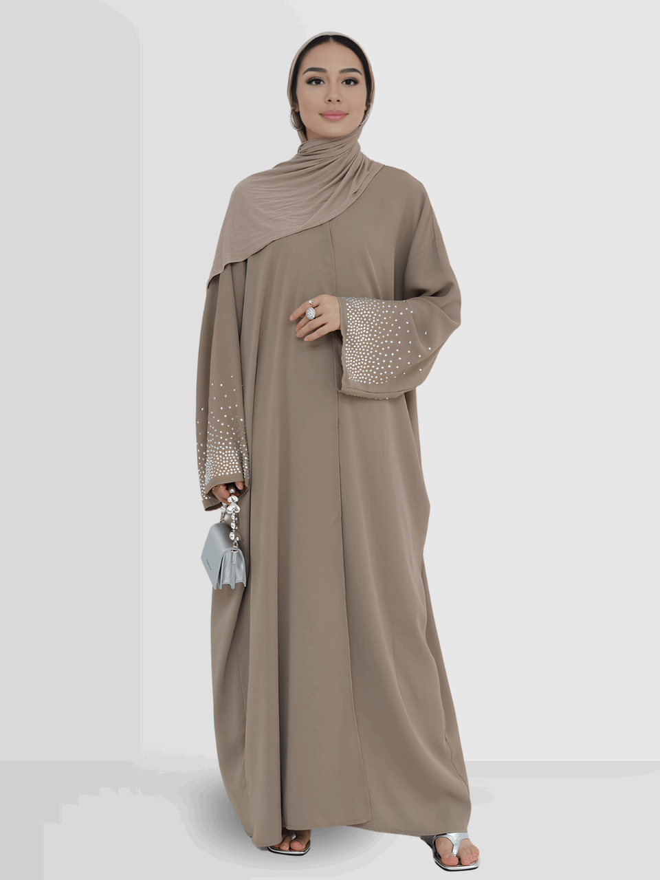 Jameela - Rhinestone Open Abaya Khaki