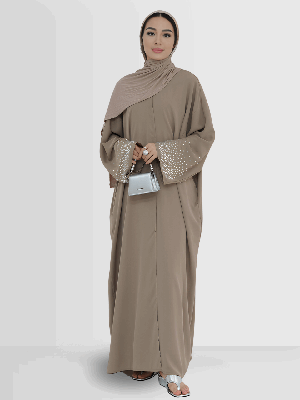 Jameela - Rhinestone Open Abaya Khaki