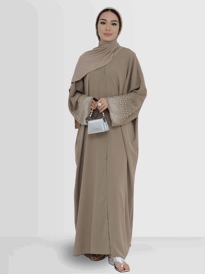 Jameela - Rhinestone Open Abaya Khaki