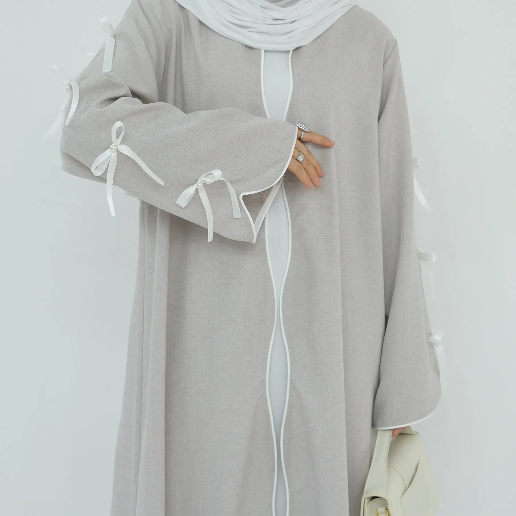Gray Bow Open Abaya - Nour Modesty