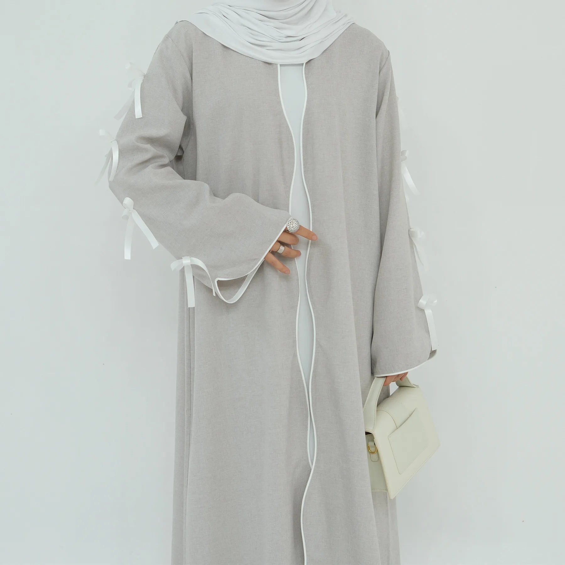 Gray Bow Open Abaya - Nour Modesty