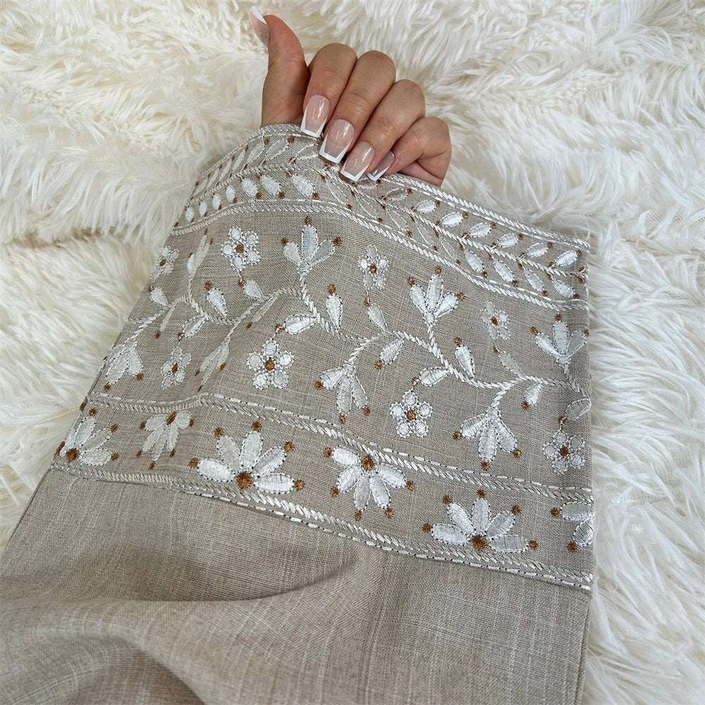Embroidered Abaya Dress - Brown