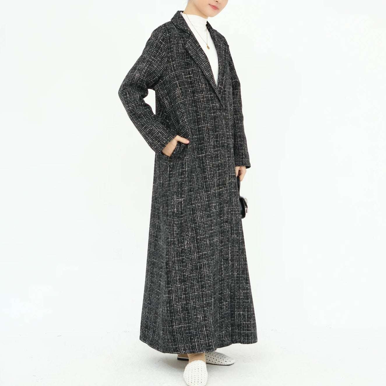 Elegant Tweed Longline Abaya Coat - Brown