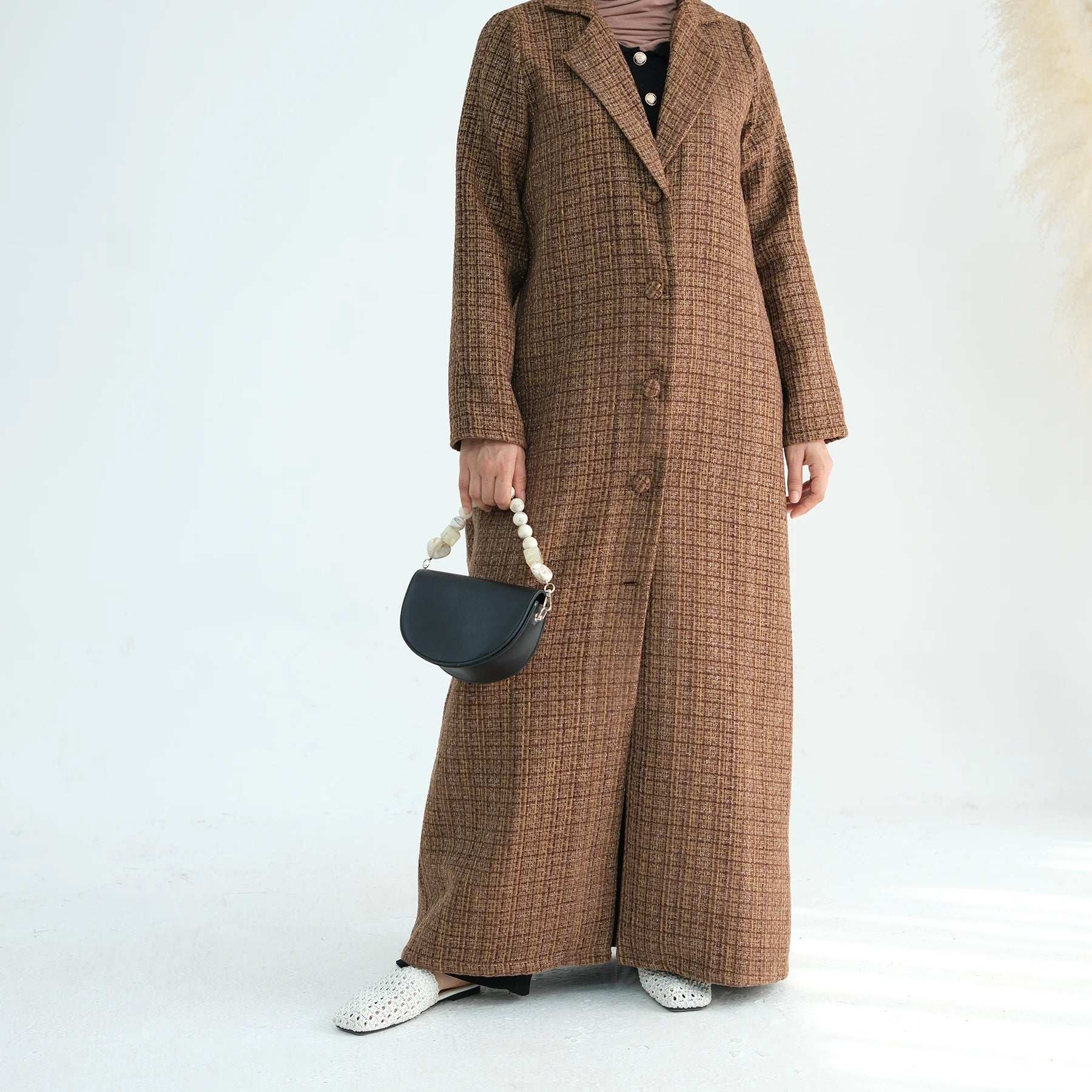 Elegant Tweed Longline Abaya Coat - Brown