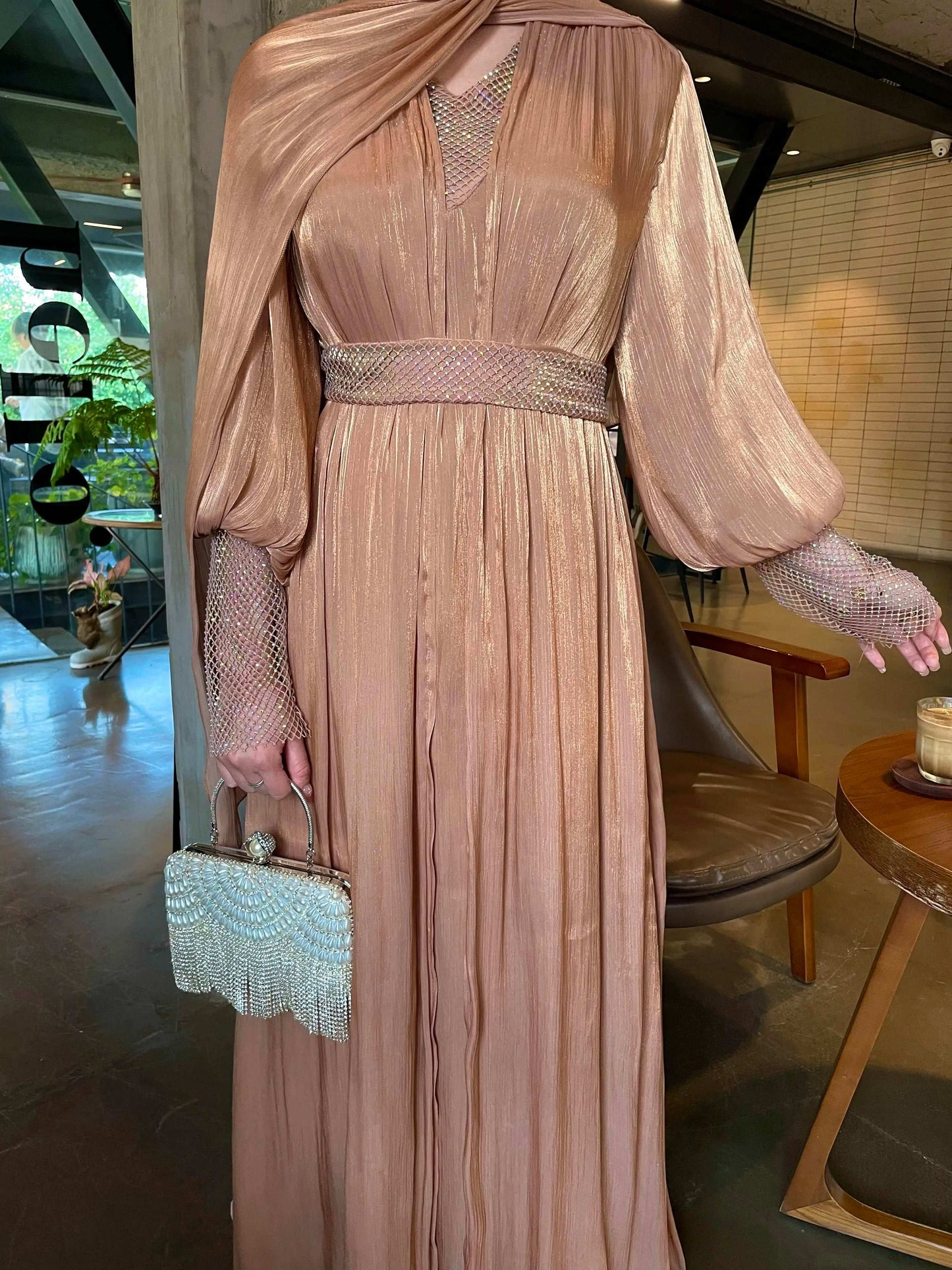 Luxury 4 PC Shiny Organza Abaya Set - Brown