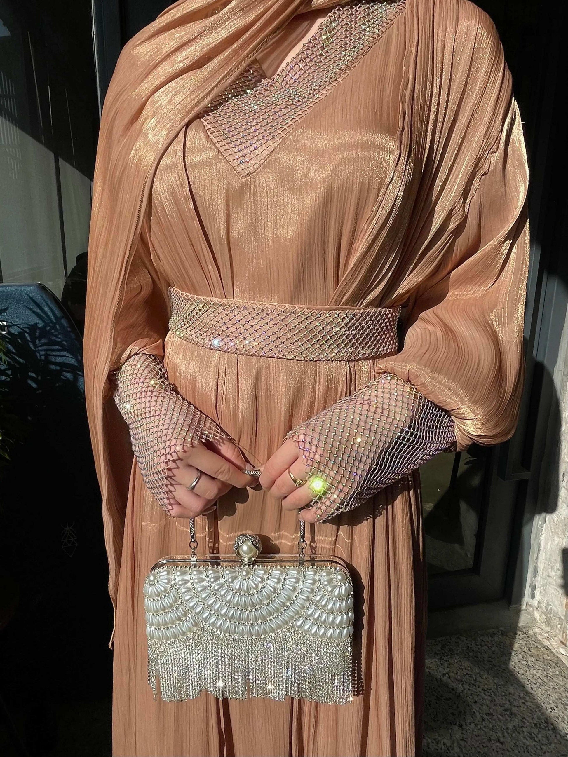 Luxury 4 PC Shiny Organza Abaya Set - Brown