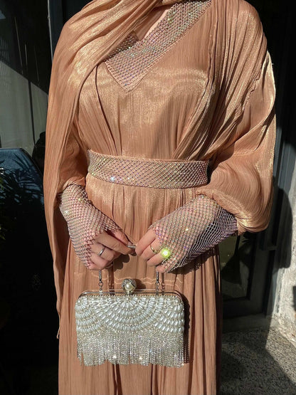 Luxury 4 PC Shiny Organza Abaya Set - Brown