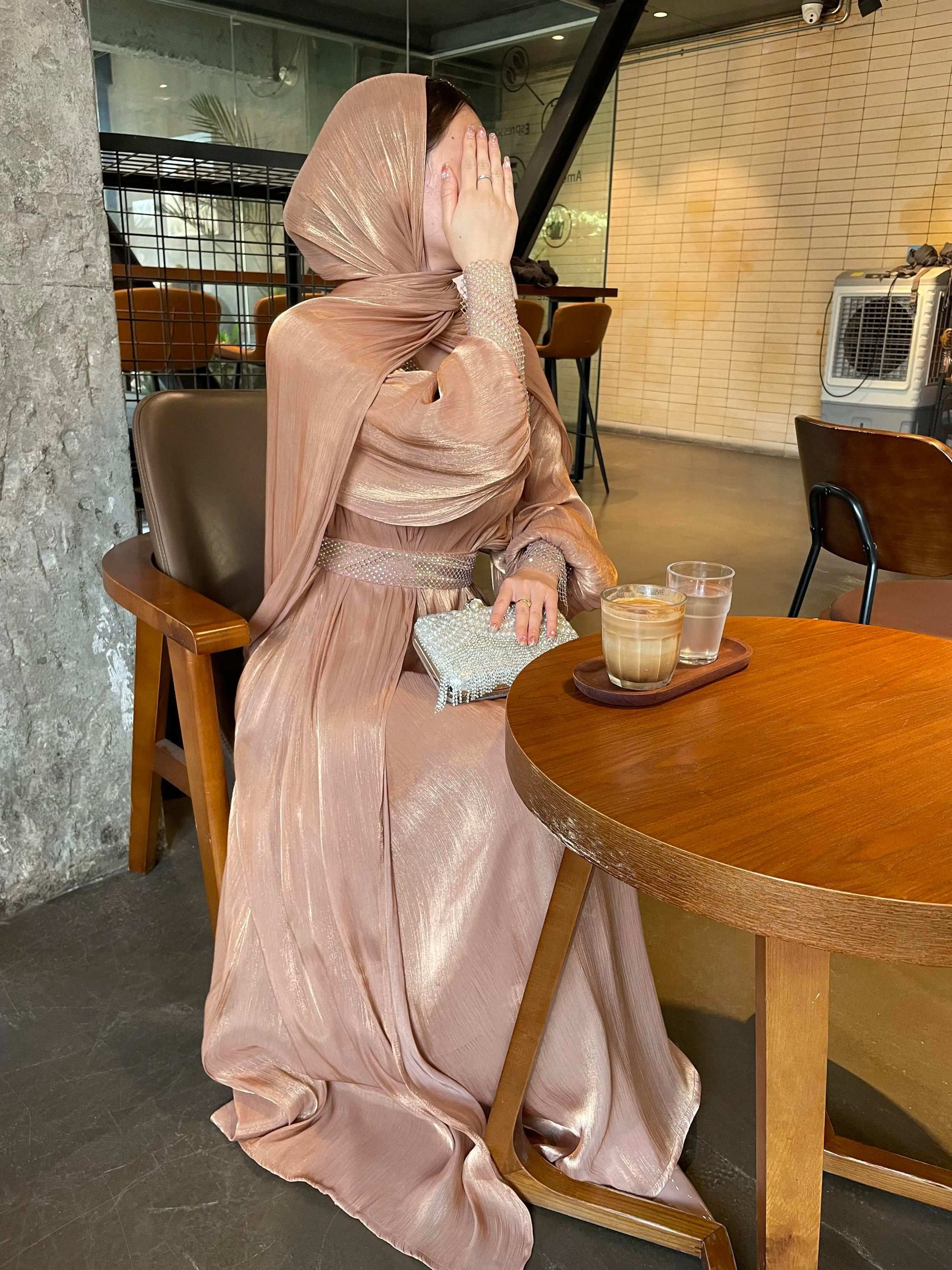 Luxury 4 PC Shiny Organza Abaya Set - Brown