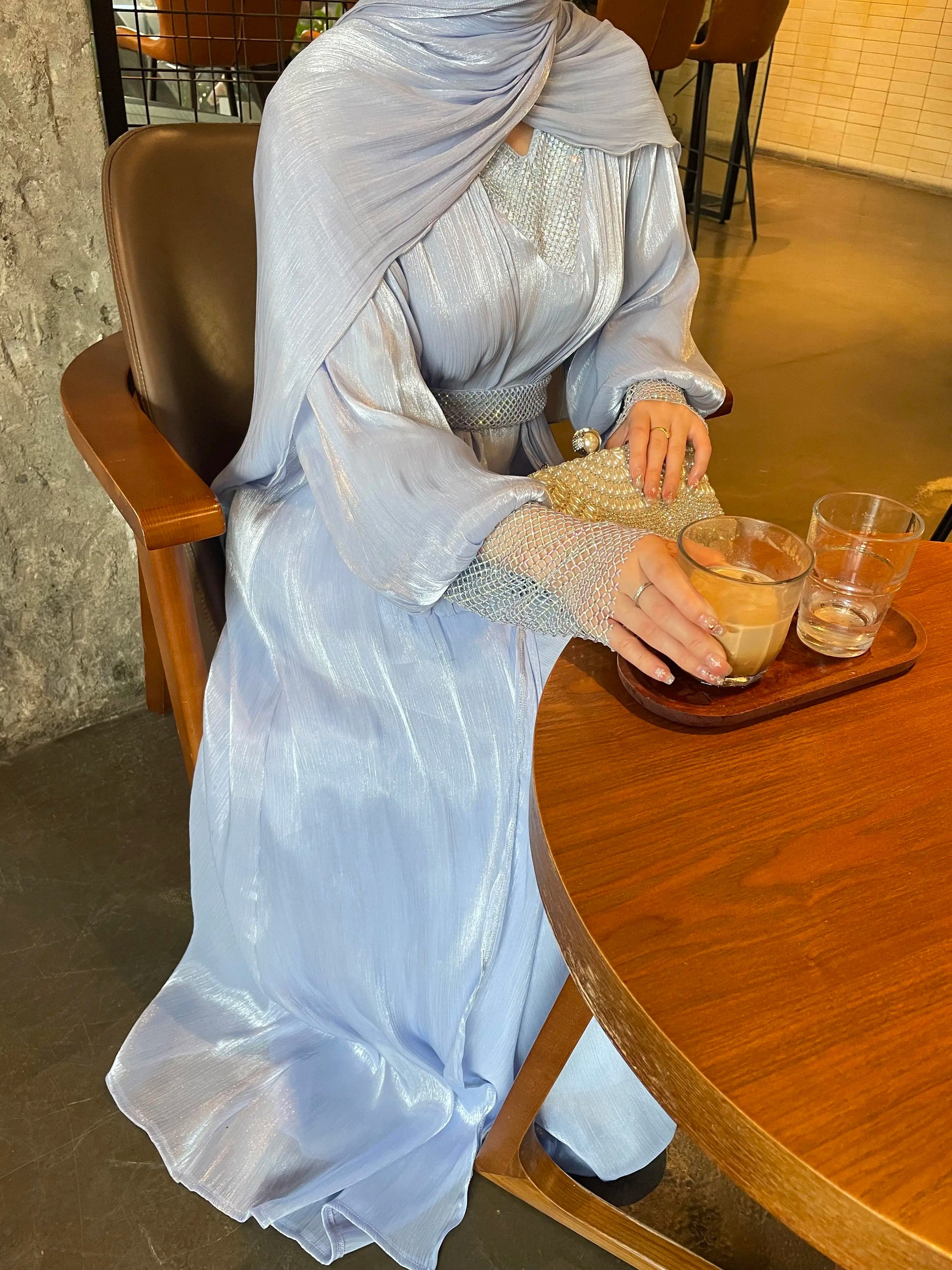 Luxury 4 PC Shiny Organza Abaya Set - Brown - Nour Modesty