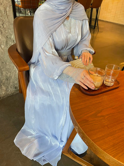 Luxury 4 PC Shiny Organza Abaya Set - Brown - Nour Modesty